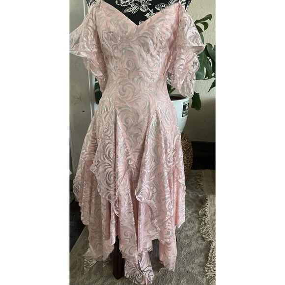 Vtg 80s Pink Fairycore Handkerchief Asymmetrical Hem Party Slip Dress small - Picture 3 of 15